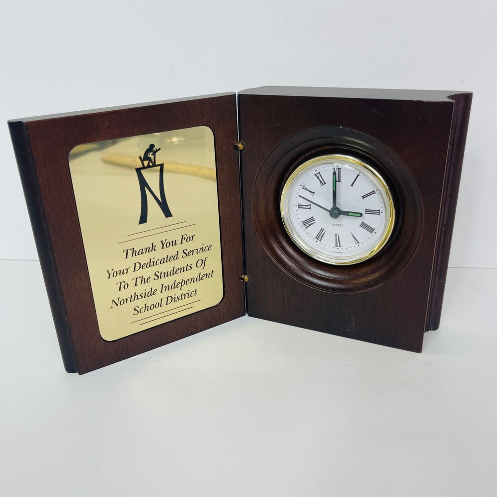 Monarch Trophy Wooden Book Desk Clock Brown Roman Numeral Quartz NISD Award Good